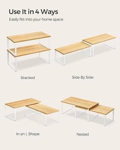 SONGMICS Cabinet Organizer Shelf, Set of 4 Kitchen Counter Shelves, Kitchen Storage, Spice Rack, Stackable, Expandable, Metal and Engineered Wood, Cloud White and Natural Beige UKCS210W01 thumbnail 7
