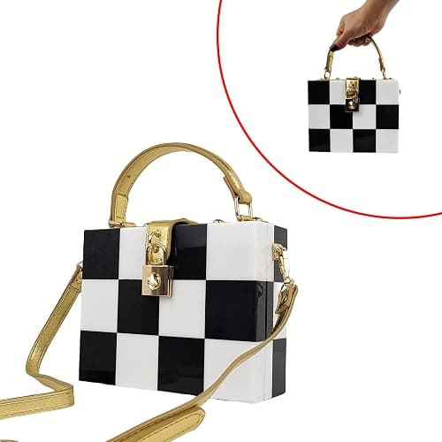 Black White Checkerboard Acrylic Clutch Purse Bag Women Box Evening Bags Acrylic Chain Crossbody Handbag(Stitching) thumbnail 3