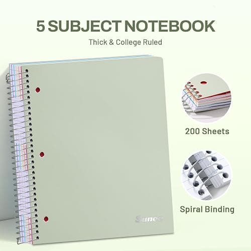 SUNEE 5 Subject Notebook College Ruled - 200 sheets (400 Pages), 9"x11", 5 Pocket Colored Dividers, 3-Hole Punched Paper, Sage Green thumbnail 3