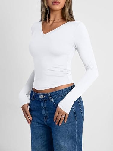 Trendy Queen Long Sleeve Shirts for Women 2025 Fall Fashion V Neck Basics Crop Tops Slim Fitted Y2K Tops Outfits Clothes thumbnail 3