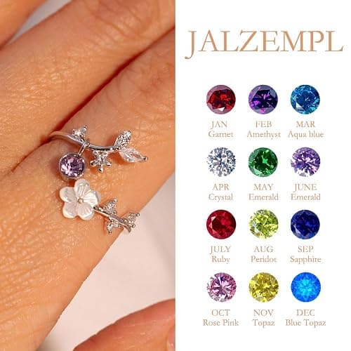 JALZEMPL Birthstone Flower Rings For Women Non Tarnish Gemstone Cubic Zirconia Mother of Pearl Adjustable Size 7-11 Silver Rose 14K Gold Plated Birth Jewelry Gift For Birthday thumbnail 5
