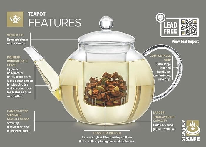 Teabloom Complete Tea Set – Glass Teapot (40 oz), Loose Tea Glass Infuser, 4 Insulated Glass Teacups, Tea Warmer, and 12 Flowering Teas – Elegant Blooming Tea Gift Set thumbnail 4