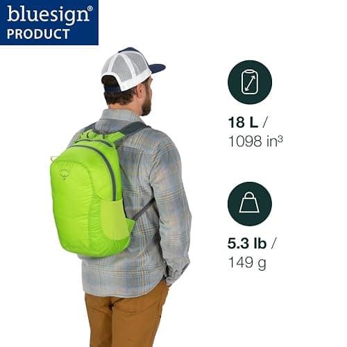 Osprey Ultralight Collapsible Stuff Pack - Lightweight, Packable Travel Backpack — Extra Bag For Travel and Every Day — 18 L Capacity Daypack to Expand Luggage, Tundra Green thumbnail 2