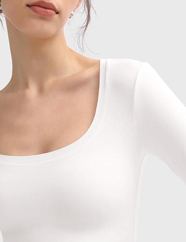 PUMIEY Women's Long Sleeve T Shirts Scoop Neck Slim Fit Going Out Tops Double Lined Basic Tee Smoke Cloud Collection thumbnail 5