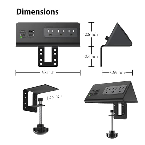 Nightstand Edge Mount Power Strip with USB-C Ports Tabletop Surge Protector Desk Clamp Power Sockets with 3 AC Outlets &4 Fast Charging USB Ports for Home Office Hotel and Dormitory (Black(2-Pack)) thumbnail 6