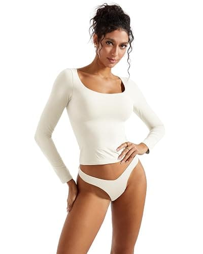 SUUKSESS Women Double Lined Fitted Basic T Shirts Scoop Neck Long Sleeve Crop Top thumbnail 2