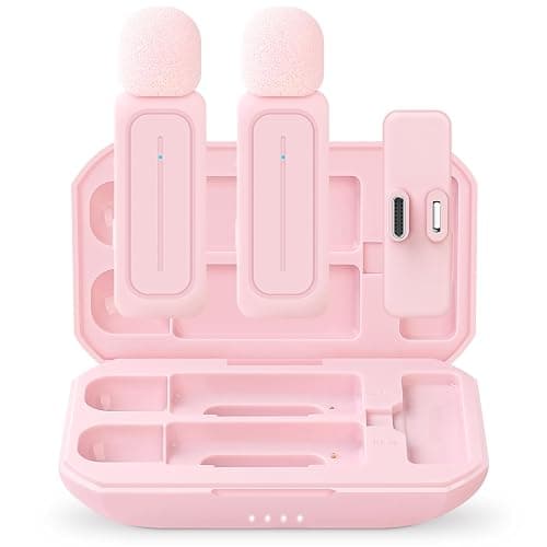 Ecomxia 2 Pack Wireless Lavalier Microphone for iPhone iPad Android with Charging Case - 7H Clip on Lapel Microphone Wireless for Video Recording Vlogging, YouTube, Interview, 3 Mode Denoise (Pink) - Image 1