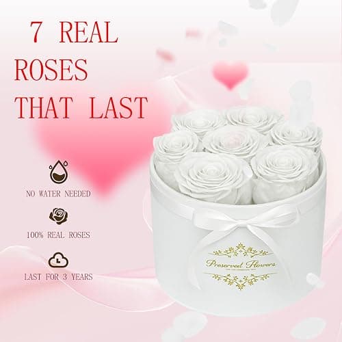 7 Forever Flowers in a Luxury Suede Box, Preserved Roses Birthday Gifts for Women, Romantic Anniversary Wedding Gifts for Women Her Girlfriend Wife, White thumbnail 4
