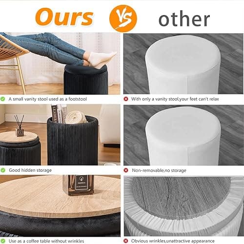 Round Set of 2 Ottoman with Storage-Upholstered Velvet Vanity Stool for Makeup Multifunctional Ottomans Coffee Table Padded Seat Foot Rest for Living Room&Bedroom (Black) thumbnail 4