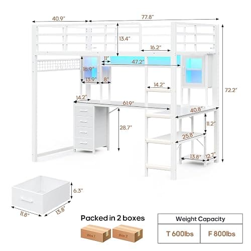 ADORNEVE Gaming Loft Bed Twin Size with Desk & RGB Hutch, White | 4 Storage Drawers, Safety Power Outlet, Metal Loft Bed with RGB Lights, Space Saving for Girls Small Room, Guardrail & Ladder thumbnail 2