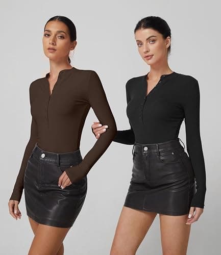 QINSEN Button Down Shirts for Women V Neck Long Sleeve Ribbed Knit Slim Fit Basic Tee Tops thumbnail 6