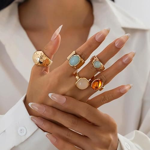 Chunky Gold Ring Set for Women Stackable Thick Acrylic Knuckle Rings Pack 5Pcs Hammered Resin Open Statement Rings Stack Trendy Jewelry Accessories - Gold thumbnail 2