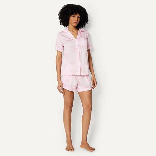 Amazon Essentials Women's Satin Short Sleeve Button-Down Top and Short Sleepwear Pajama Set thumbnail 5