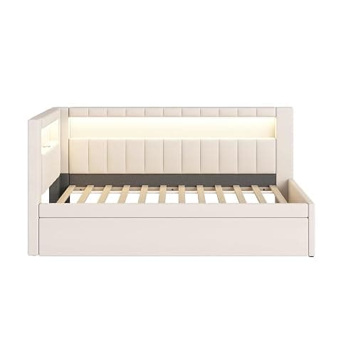 MKABAK Twin Size Daybed with Trundle and L-Shaped Bookshelf Headboard, Linen Upholstered Soft Corner Bed with Storage Shelves, Charging Station and LED Belt for Kids Boys Girls, White thumbnail 6