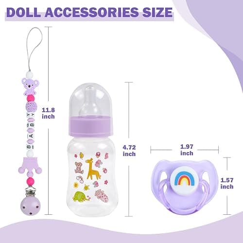 SCOM Reborn Baby Doll Accessories Set - Koala Silicone Pacifier Clips & Rainbow Magnetic Pacifiers & Removable Reusable Baby Doll Bottles for Reallife Realistic Dolls Girls Boys, Purple Style, 3 Pcs thumbnail 3