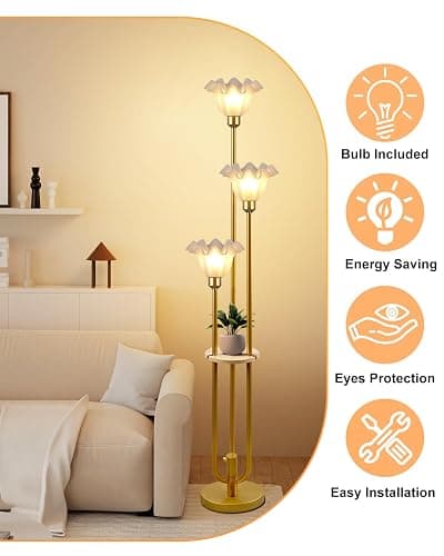 Lightdot Flower Floor Lamp for Living Room, Dimmable Vintage Floor Lamp with Shelf& Bulbs Included, 3 Light Warmwhite Mid Century Gold Floral Standing Tall Lamp for Bedroom/Sofa Beside/Corner Decor thumbnail 4