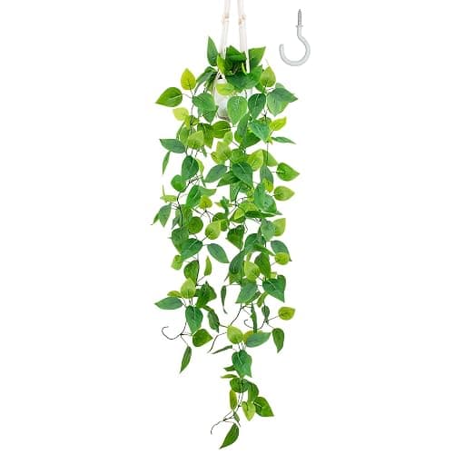 LOYWREE 1 Pack Artificial Hanging Plant Kit with Pot and Hanger - 39" Long Fake Pothos Vines - Hanging Potted Faux Plant Indoor for Wall Ceiling Bedroom Bathroom Living Room Home Decor (White Pot) - Image 1