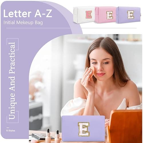 Personalized Makeup Bag Initial A-Z Preppy Patch Bag,Small PU Leather Travel Cosmetic Bag Pouch with Zipper,Purple Cute Toiletry Bag,Gift Ideal for Teen Girls Women Birthday Friend Mom,Latter E thumbnail 7