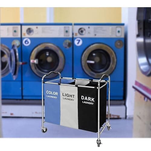 Laundry Basket, Large Laundry Hamper with Wheels, 3 Section Laundry Bag Organizer for Dirty Clothes; Dorm Room Essentials, Towel & Toys Storage Laundry Cart in Laundry Room Organization -BLUE thumbnail 2