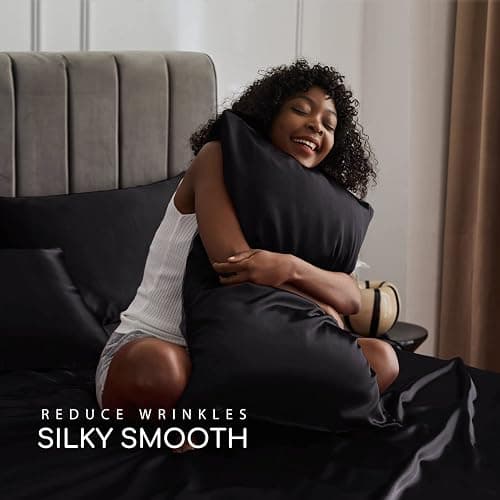 MR&HM Satin Bed Sheets, Full Size Sheets Set, 6 Pcs Silky Bedding Set with 15 Inches Deep Pocket for Mattress (Full, Black) thumbnail 3