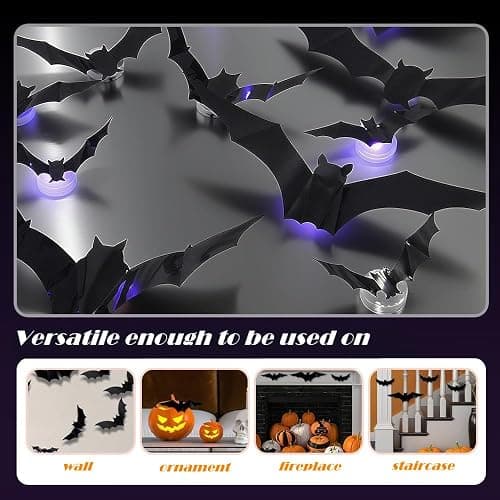 2026 New Halloween 3D Lighted Bats, LED Purple Lighted 3D Bats Halloween Decoration, Upgrade LED Glowing Bat Group Hanging Wall Luminous Glow Clings Multipack (12Pcs Black) thumbnail 4