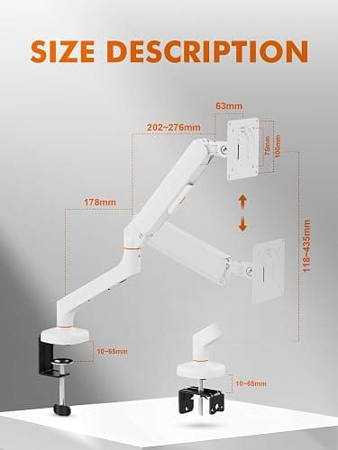 Ibergrif Single Monitor Arm Desk Mount for 13-32 Inch Screen, Ergonomic Height Adjustable Gas Spring Bracket, Tilt, Swivel, Rotation Monitor Stand with Cable Management, VESA 75/100mm, MA001W-White thumbnail 8