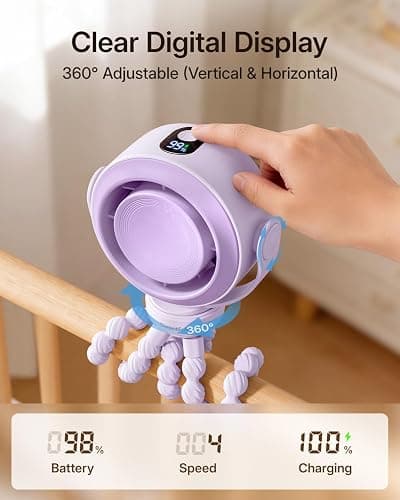 SWEETFULL Portable Stroller Fan, Pinch-Proof Baby Fan - Purple | Wide Turbine Airflow; Safe Design; LED Display; 5-Speed; 30dB Quiet; USB-C Rechargeable; Mini Clip On Fan for Car Seat & Bed thumbnail 6