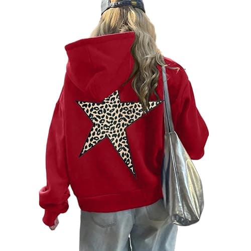 peassa Hoodies for Womens Y2k Oversized Star Print Sweatshirts Aesthetic Cheetah Graphic Hooded Hoodie - Image 1