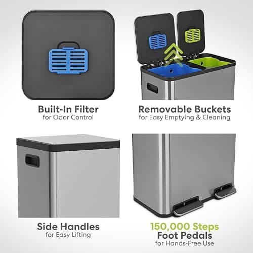 Simpli-Magic 18.5 Gallon (40L x 30L) Dual Compartment Step Trash Can – Kitchen Garbage Can with Waste & Recycling Bins – Slow-Close Lid, Odor Control, Hands-Free, Stainless Steel thumbnail 5