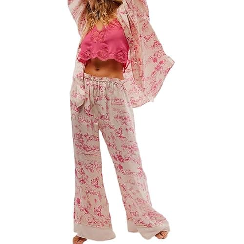 AINAC Women Satin Pajamas Set 2 Piece Western Cowgirl Silk Pjs Long Sleeve Floral Pjs Wide Leg Pants Button Down Loungewear - Image 1