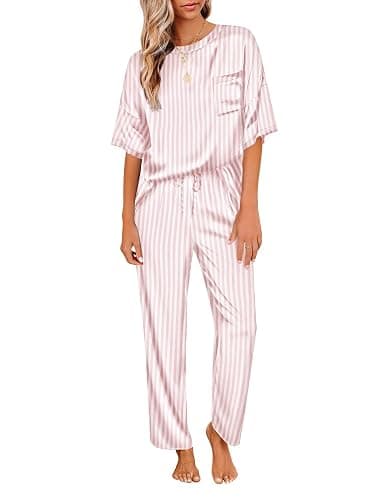 Ekouaer Womens Satin Silky Pajama Set Short Sleeve Shirt with Long Pajama Pant Set Soft PJ Loungewear - Image 1