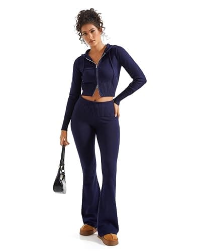 SUUKSESS Women 2 Piece Knit Sets Cropped Zip Up Hoodie Foldover Flare Leg Pants thumbnail 6