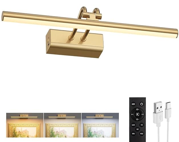 Percantis 13.8'' Battery Operated Picture Light for Wall, Remote Control | 4000mAh Cordless,Gold Wall Light, Magnetic for Easy to Charge,Timers, Display for Gallery Living Room Bedroom - Image 1
