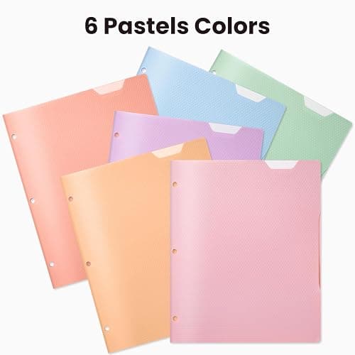 Sooez 6 Pack Plastic Folders with Pockets, Heavy Duty, Fits 3-Ring Binder | Pockets Folder for 3 Ring Binder with Writable Label, Letter Size, Pastels thumbnail 7