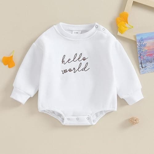 VISGOGO Newborn Infant Baby Boy Girls Oversized Romper Little Dude Sweater Onesie Coming Home Outfit Neutral Clothes - 0-3 Months - Hello World-white thumbnail 3
