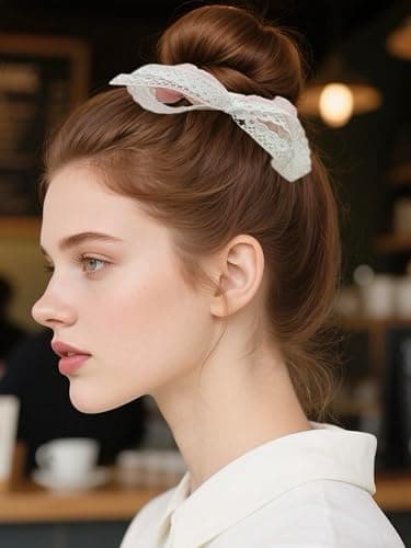 4 Pcs Cute Lace Scrunchies with White Bow Boho Hair Ties Elegant Ponytail Holder Elastic Band Scrunchy Lace Bow Hair Accessories for Women & Girls - Yellow, Pink thumbnail 6