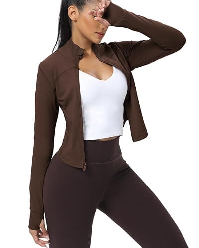AVGO Women's Cropped Running Workout Jackets Zip Slim Fit Athletic Tops with Thumb Holes thumbnail 3