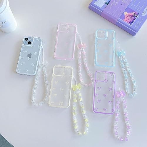 RRFNNF Cute Bowknot Case for iPhone 12, Ribbon Bow Case with Bling Bracelet Chain, Clear Aesthetic Stylish Slim Soft Durable Pretty TPU Protective Cover for Women Girls, Purple thumbnail 6