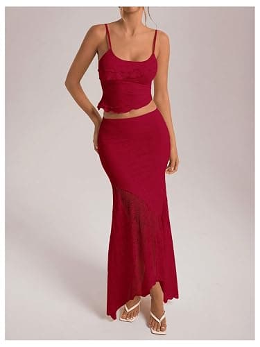 GORGLITTER Women's 2 Piece Skirt Sets Lace Crop Top and Asymmetrical Bodycon Long Maxi Skirt Trendy Summer Outfits 2025 thumbnail 4