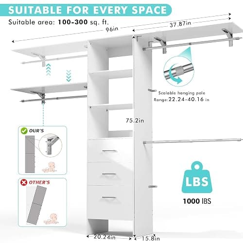 PatioPerk Closet System with Drawers, 8FT Walk in Closets Organizer with 3 Shelving Towers, 96" Wooden Storage Systems with Hanging Pods, Built-in Garment Rack for Bedroom thumbnail 3