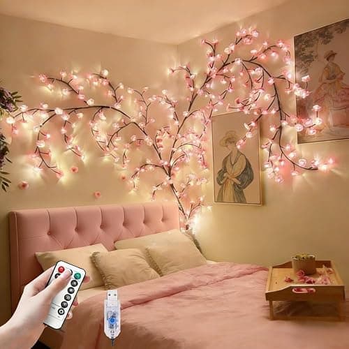 FIALAME Cherry Blossom Lights for Bedroom Wall Decorations,4 FT 48 LED Cherry Blossom Decor,2026 New Dimmable Light-Up Pink Bedroom Decor with Remote Timer,8 Lighting Modes,Romantic Gifts for Her - Image 1