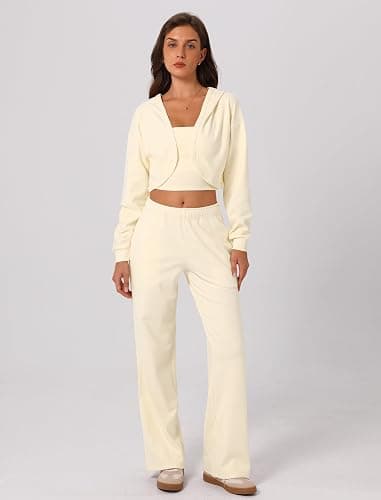 ABOCIW Womens 3 Piece Outfits Brushed Jersey Long Sleeve Hooded Cropped Shrug Bandeau Top Wide Leg Sweatpants Tracksuit thumbnail 2