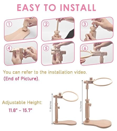 TINDTOP Beech Wood Embroidery Hoop Stand, with 3pcs Embroidery Hoops (3inch + 6inch + 8inch), Adjustable Rotated Wooden Embroidery Hoop Holder for Cross Stitch and Embroidery Projects thumbnail 5