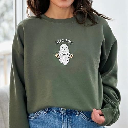 Embroidered Ghost Sweatshirt, Cute Ghost Dead Lift Sweatshirt,Spooky Season, Halloween Crewneck, Ghost Shirt thumbnail 4