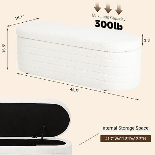 Dolift 45.5-inch Modern Teddy Sherpa Storage Ottoman Bench, Upholstered Fabric Bench for Bedroom End of Bed, Oval White Boucle Storage Ottoman for Living Room, Entryway, Small Apartment thumbnail 2