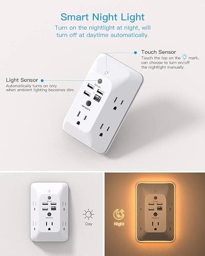 Outlet Extender with Night Light, HANYCONY Multi Plug Outlet, USB Wall Charger Surge Protector 4 USB Ports(1 USB C), Power Strip Electrical Outlet Splitter Expander for Home Office Dorm Room, ETL thumbnail 2