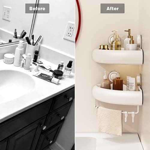 Voldra Corner Shower Caddy Suction Cup, Arc Shower Shelf Coner No Drilling Bathroom Coner Shelves Suction Shower Organiser Rack Adhesive Corner Caddy with Towel Bar Wall Mounted(2-Pack, White) thumbnail 8
