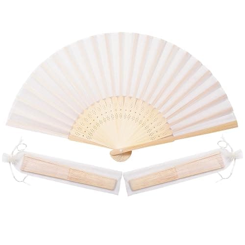 Sepwedd 50pcs Cream-Coloured Imitated Silk Fabric Bamboo Folded Hand Fan Bridal Dancing Props Church Wedding Party Favors with Organza Bags - Image 1