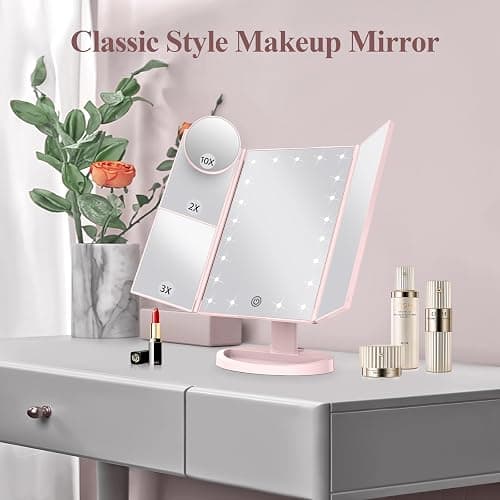 HUONUL Makeup Mirror Vanity Mirror with Lights, 2X 3X 10X Magnification, Lighted Makeup Mirror, Touch Control, Trifold Makeup Mirror, Dual Power Supply, Portable LED Makeup Mirror, Women Gift (Pink) thumbnail 2
