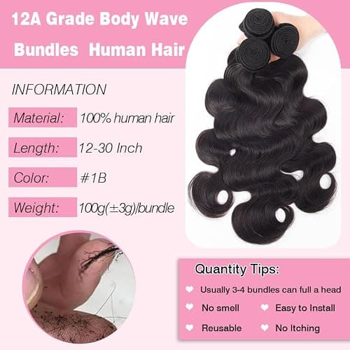 12A Human Hair Bundles 12 14 16 Inch Body Wave 3 Bundles Human Hair 100% Unprocessed Brazilian Virgin Hair Extensions Real Human Hair Quick Weave Hair Bundles for Women Double Weft Natural Black thumbnail 3